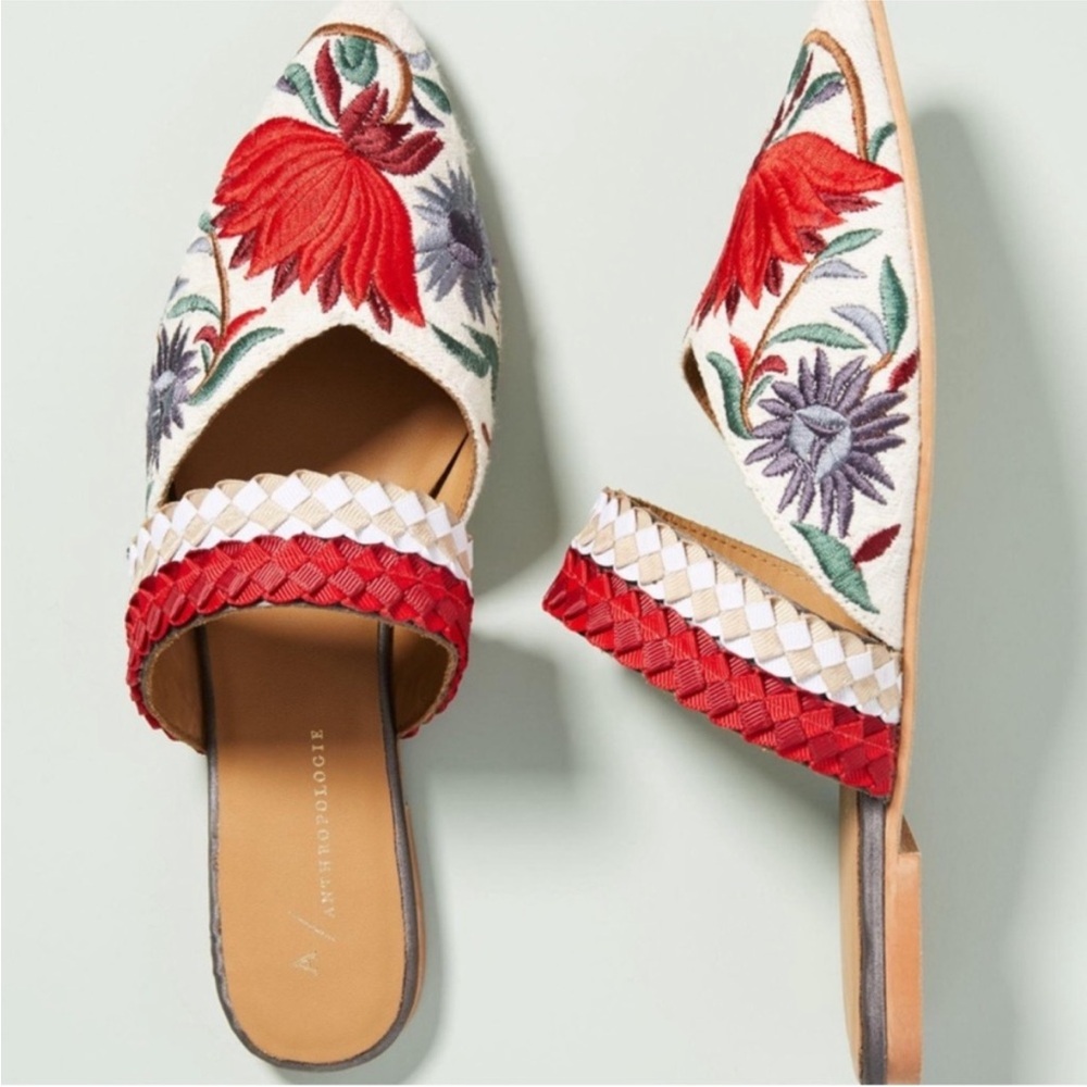 Anthropologie Paz Floral Embroidered Slide Mules - Red and White